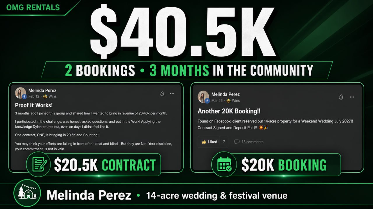 Melinda Perez, 14-acre wedding and festival venue โ $40,500 across two bookings in three months