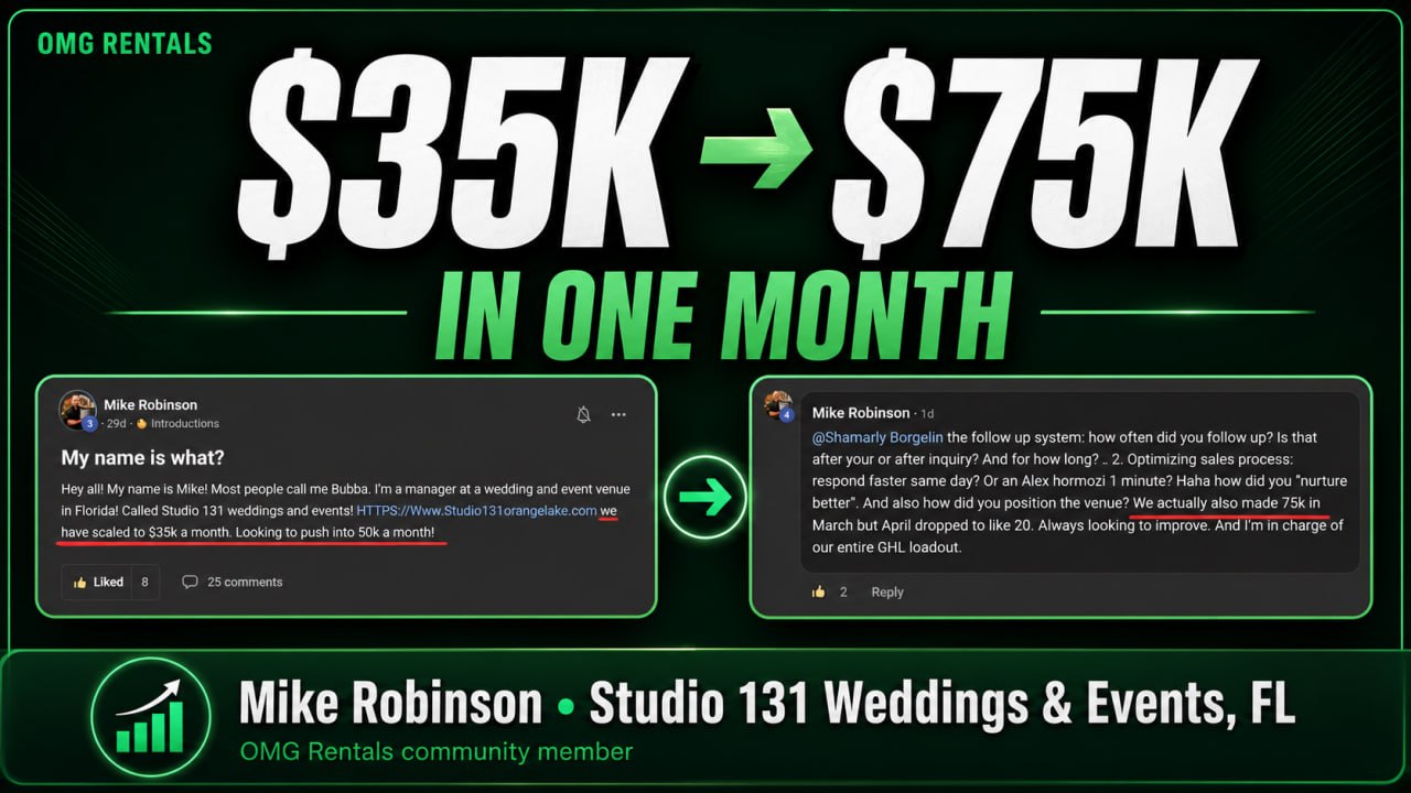Mike Robinson, Studio 131 Weddings and Events, Florida โ $35,000 to $75,000 in one month